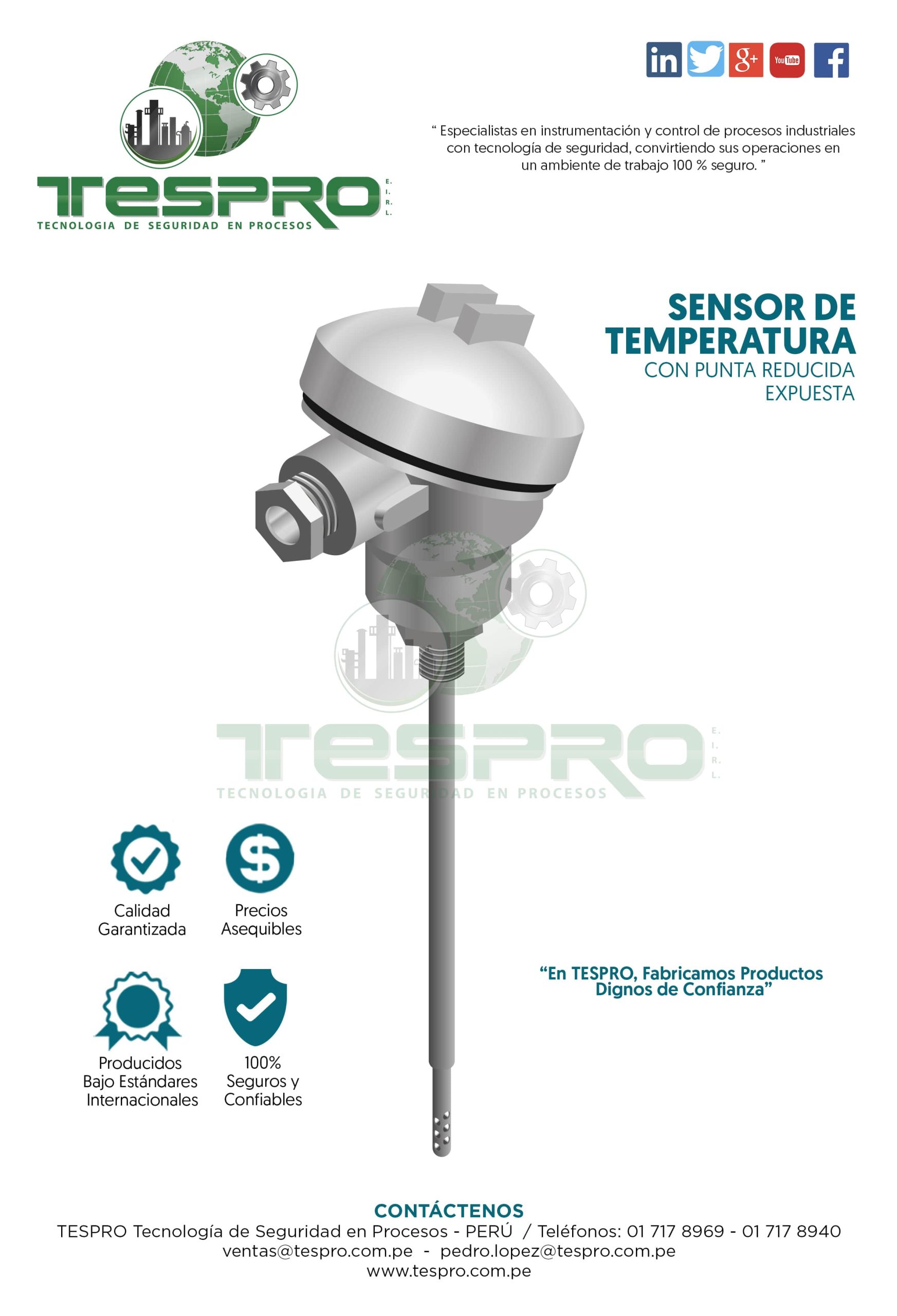 SENSOR PT-100 DE 03 HILOS - BULBO RECTO - PUNTA REDUCIDA - ROSCA BSP