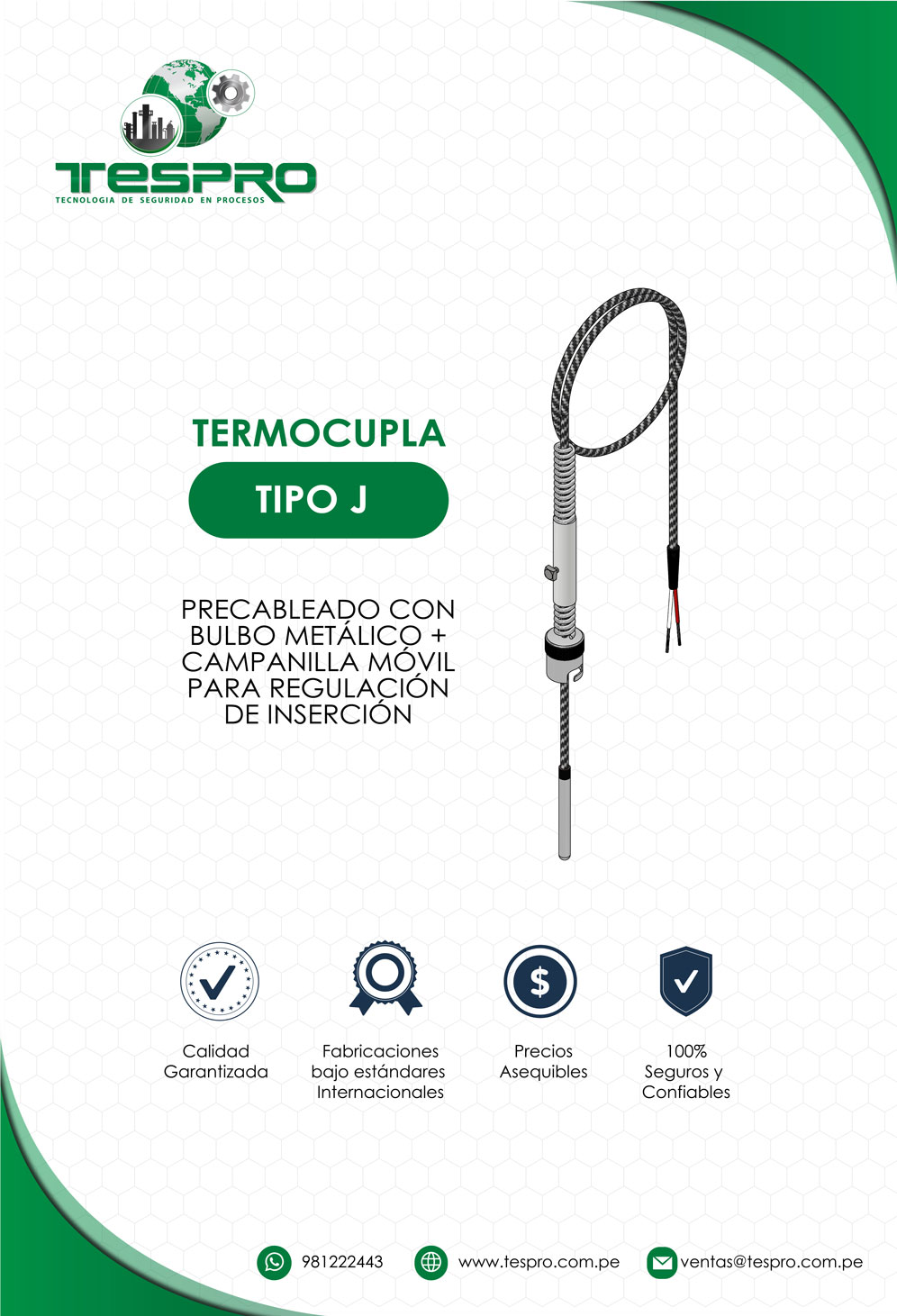TERMOCUPLA TIPO J PRECABLEADO CON BULBO METÁLICO